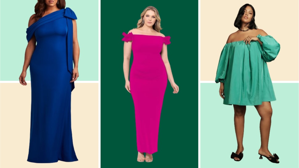 Collage image of women wearing a blue gown, a pink gown, and a green pleated dress.