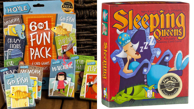 On the left: A pack of 6 different card games. On the right: Sleeping Queens card game