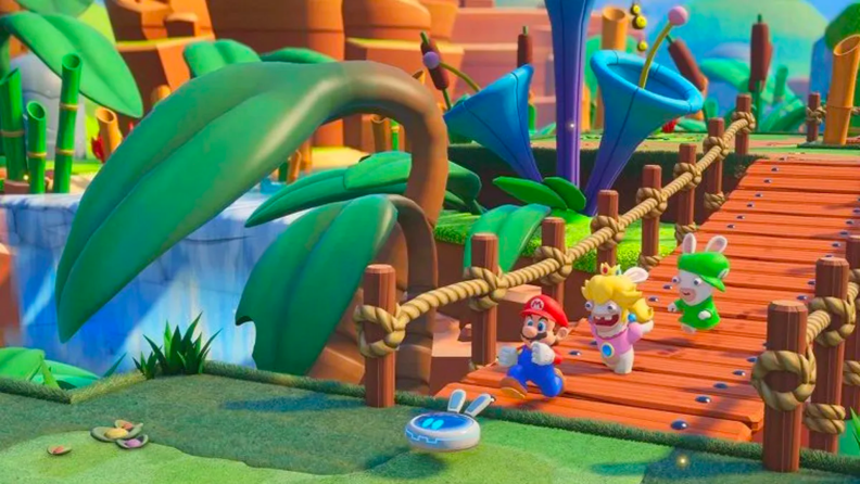 Screengrab from "Mario + Rabbids: Kingdom Battle" showing characters crossing a bridge.