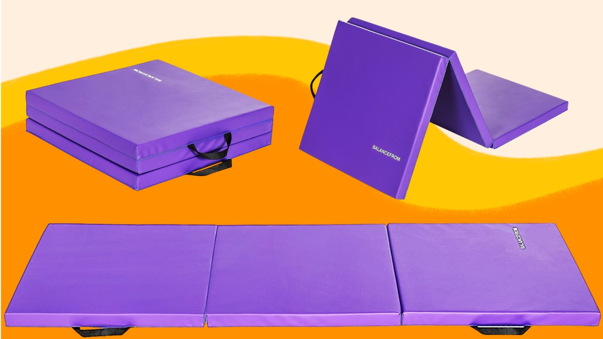 Three images of a purple yoga mat unfolding.