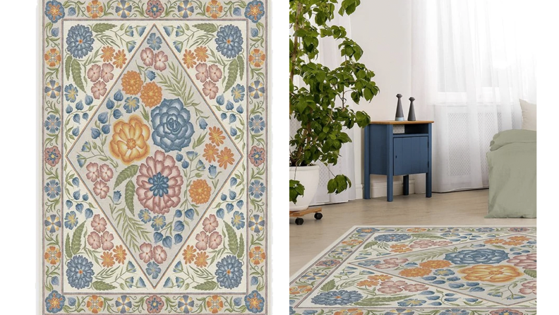 Two images of a rug with a folk art floral pattern