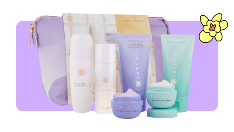 A Tatcha skincare gift pouch set with mini bottles of makeup remover, Skin-Softening cleanser, exfoliating cleanser, skincare boosting cleanser and Clarifying Hydration cream.