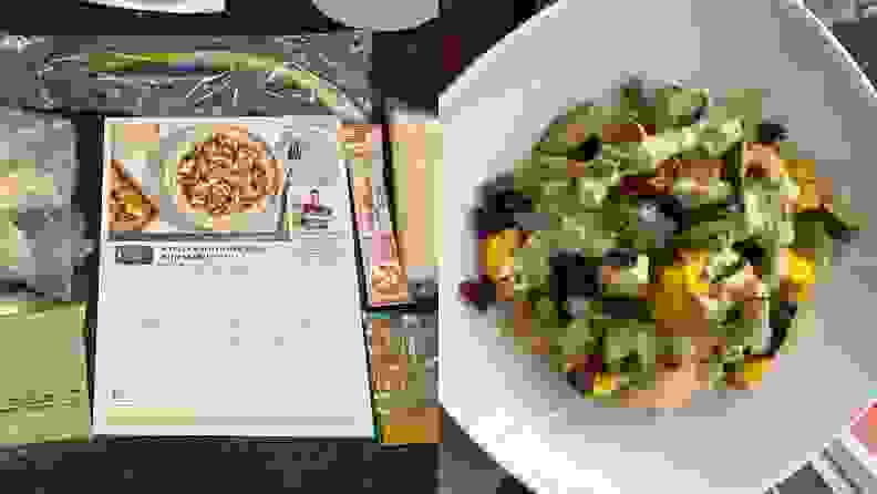 Left: recipe card surrounded by ingredients on a counter. Right: plated maple cauliflower bowls