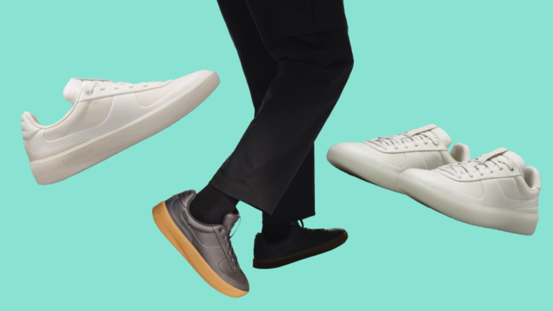 Collage of the same sneaker in three different colorways: white, black, and pale green.
