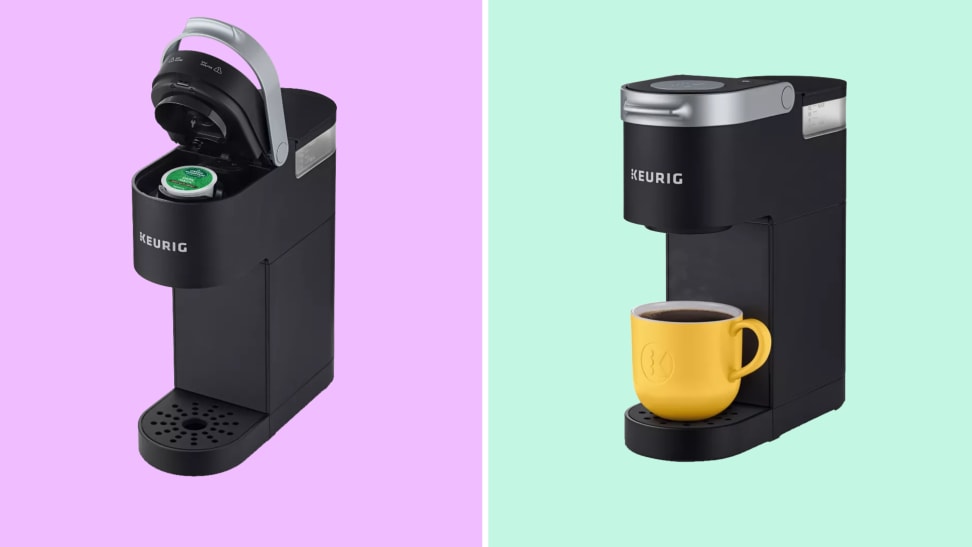 A colorful collage with the Keurig K-Mini holding a pod and filling a mug with coffee.