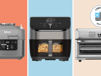 Ninja Speedi, Instant Vortex air fryer, and Cuisinart air fryer toaster oven on colorful background