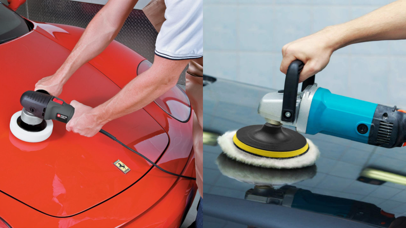 People using buffing tools to shine car hoods.