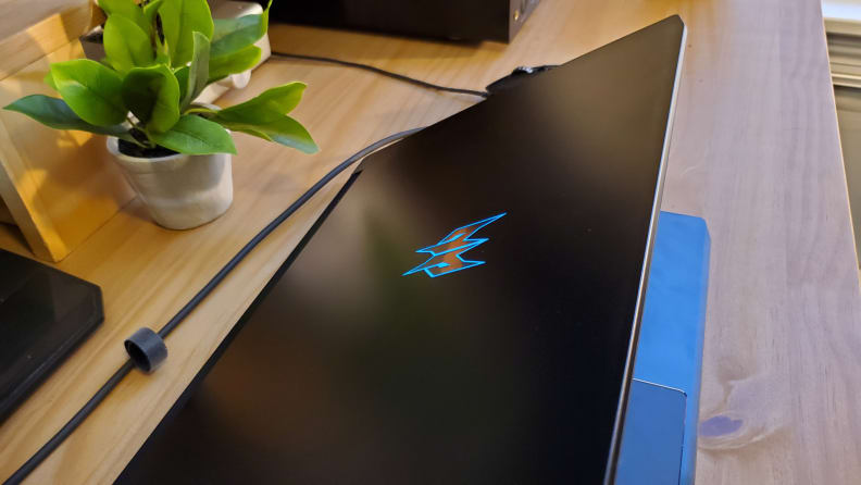 The laptop is half-closed