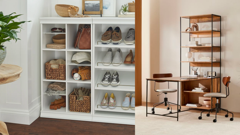 1) Shoes and accessories organized on shelves. 2) A wooden desk and bookshelf in a den.