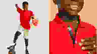 On left, young person rests prosthetic leg on football. On right, closeup of hook and loop closure on red polo.