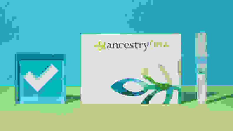 AncestryDNA kit on a blue and green background