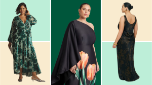 Collage image of women wearing a green floral velvet gown, a black one-shoulder gown with pink tulip print, and a black floral gown.
