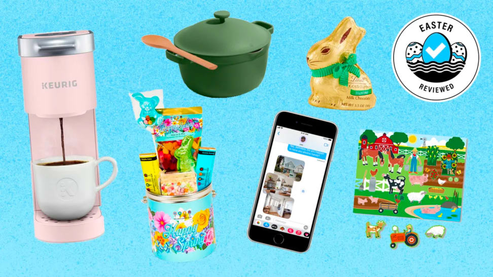 A pink coffee maker, cell phone, puzzle, green cookware, and Easter candies against a blue background.