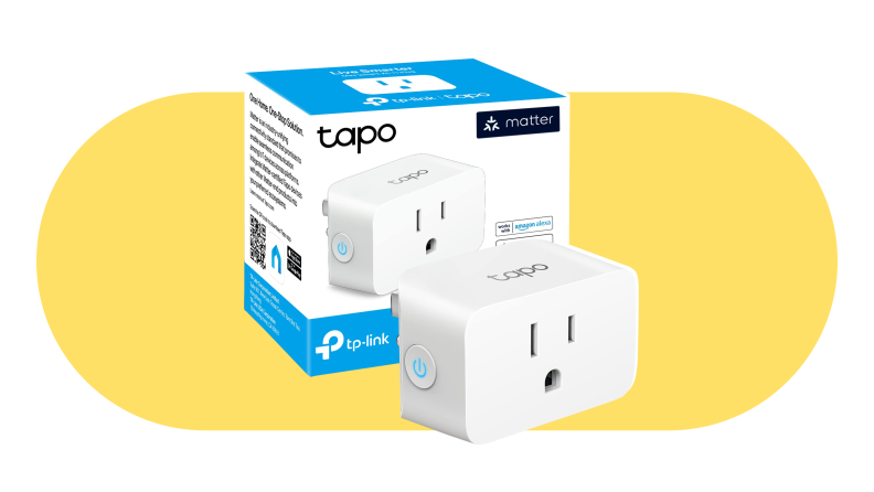 The Tapo Smart Plug Mini on a yellow background.