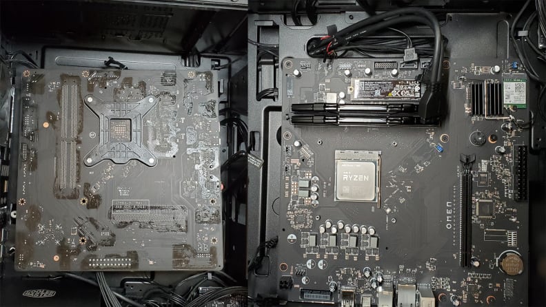 Left: shot of the back of the motherboard. Right: shot of the right of the motherboard.