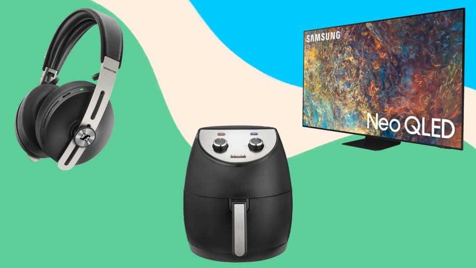 A pair of headphones, an air fryer, and a TV against a colorful background.