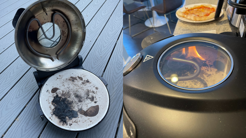 Left: The oven's inside surface charred. Right: Flame seen through the oven's window.