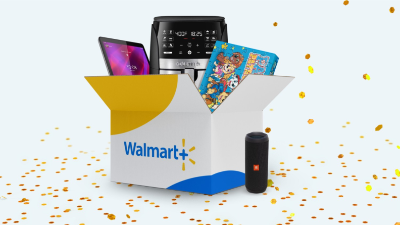 A box with a Walmart+ logo holding an air fryer, speaker, and more.