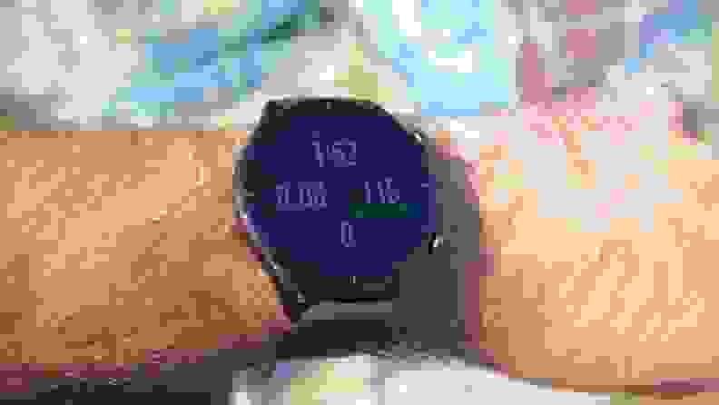 The GTR 3 showing the stats of a walking workout, while being worn on a left arm.