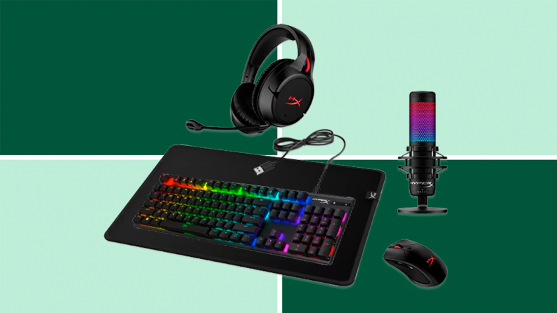 An image of an HP gamer bundle featuring an RGB laptop, a black mousepad, a pair of black headphones, an RGB microphone, and a mouse.