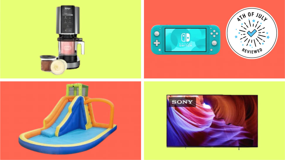 ice cream maker, blow up water slide, blue portable game console, and television