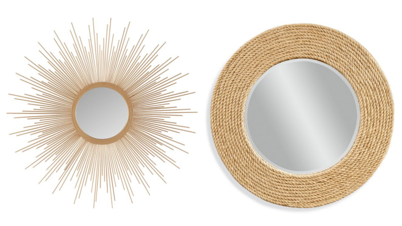 A sunburst style mirror on the left and a rope-circled mirror on the right