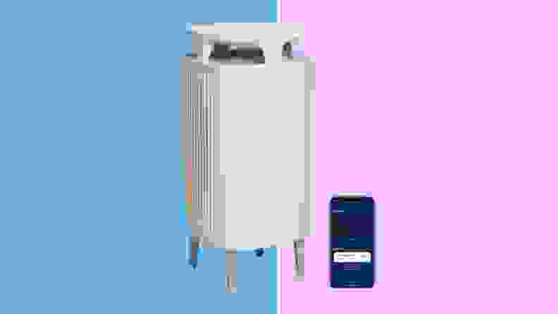 The Blueair Dustmagnet air purifier on a blue and purple background