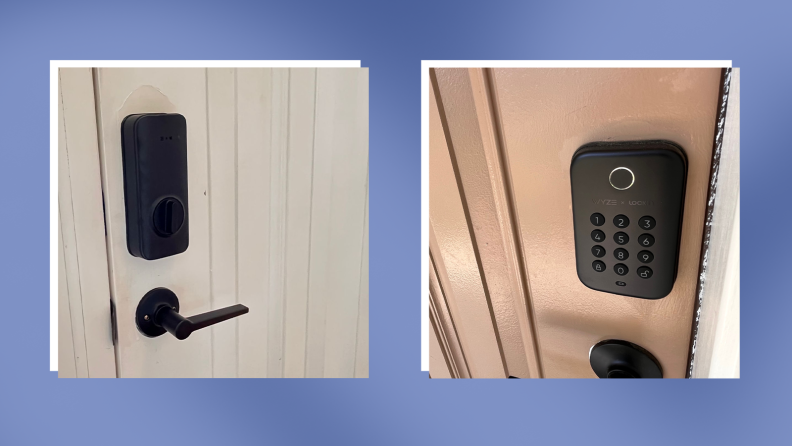 Two images of a smart lock on a door.