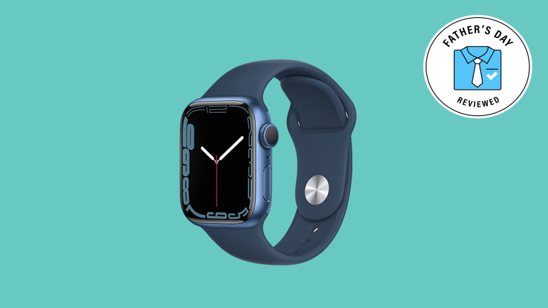 An Apple Watch depicting analog time against a teal background.