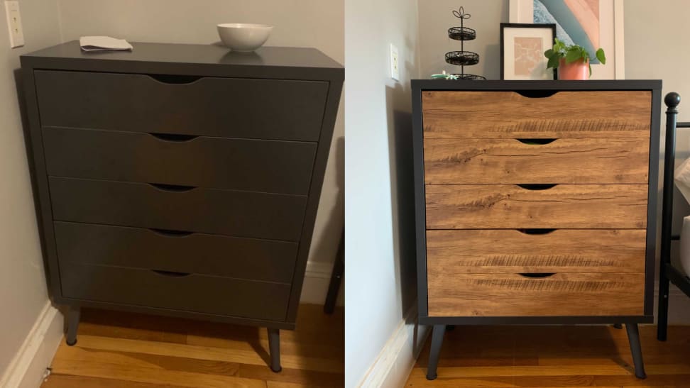 Left: plain gray dresser with no contact paper. Right: same dresser with wood-textured contact paper.