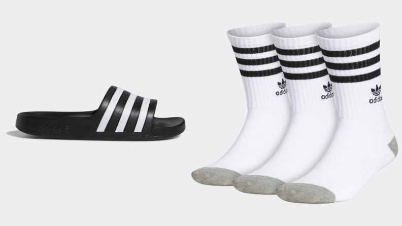Adidas Adilette Aqua Slides, three pairs of Adidas crew socks.