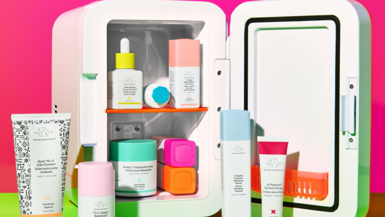 Stacks of Drunk Elephant skincare sit in a cosmetics mini fridge.