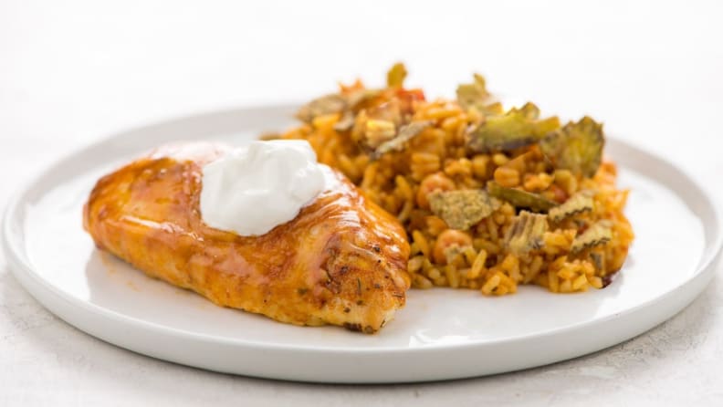 Crispy Onions and Fajita Chicken with Mexican Rice and Crispy Jalapeños