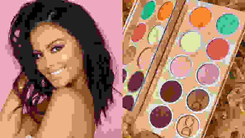 On the left: The founder of Dominique Cosmetics. On the right: A colorful eyeshadow palette on display.