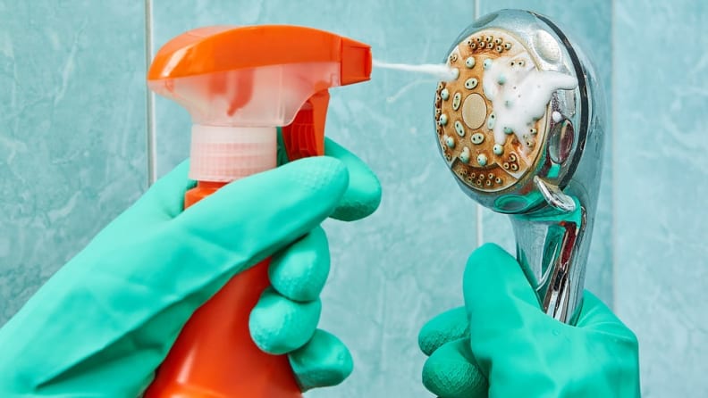 Hands cleaning shower head using cleaning solution.