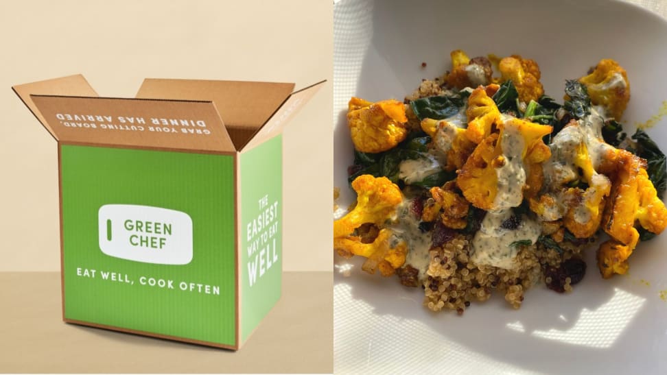 On left, Green Chef box opened. On right, plate of veggies and quinoa.