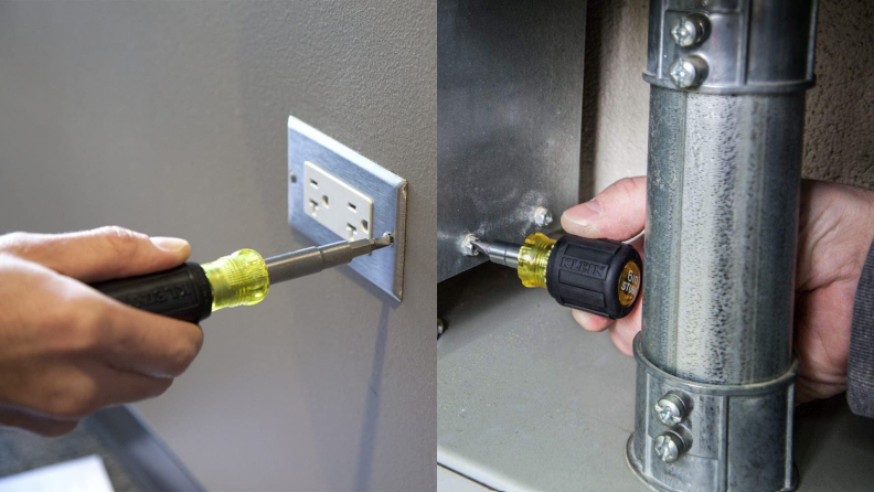 On left, hand using 32500 Multi-Bit Screwdriver to secure wall socket. On right, hand using  32561 Multi-Bit Stubby Screwdriver to secure air vent.