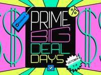 Colorful promotional graphic for Amazon Prime Big Deal Days, October 7–8, with bold neon text, dollar signs, and discount icons.