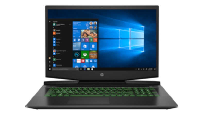 An image of the HP Pavilion Gaming Laptop--it is black with green detailing.