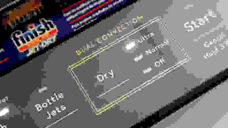 A close-up of a dishwasher's control panel, with the central element being the Dual Convection feature that allows you to select from three levels of dryness.