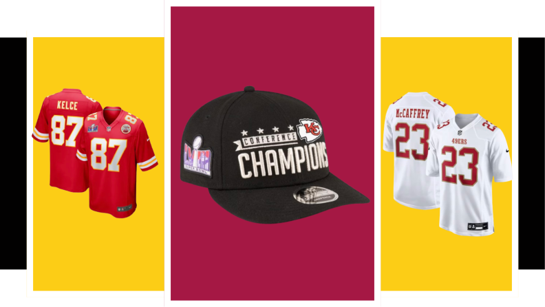 Red Kelce 87 jersey, black Kansas City Chiefs conference champions cap, and white McCaffrey jersey