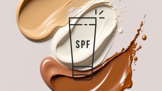 Foundation and sunscreen splotches on a blush background