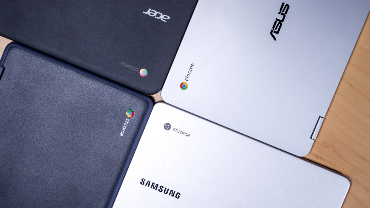 Four chromebooks pictured from above