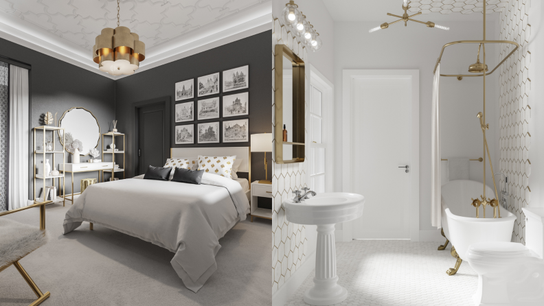 1) Rendering of a modern bedroom. 2) Rendering of a classic white bathroom.
