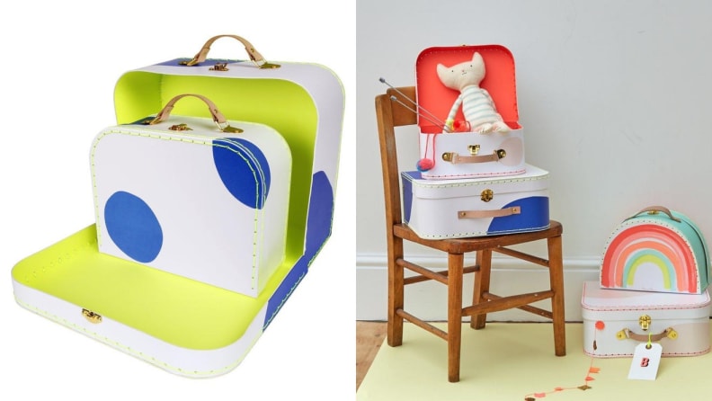 On left, colorful children's suitcase. On right, children's suitcases with toys inside.