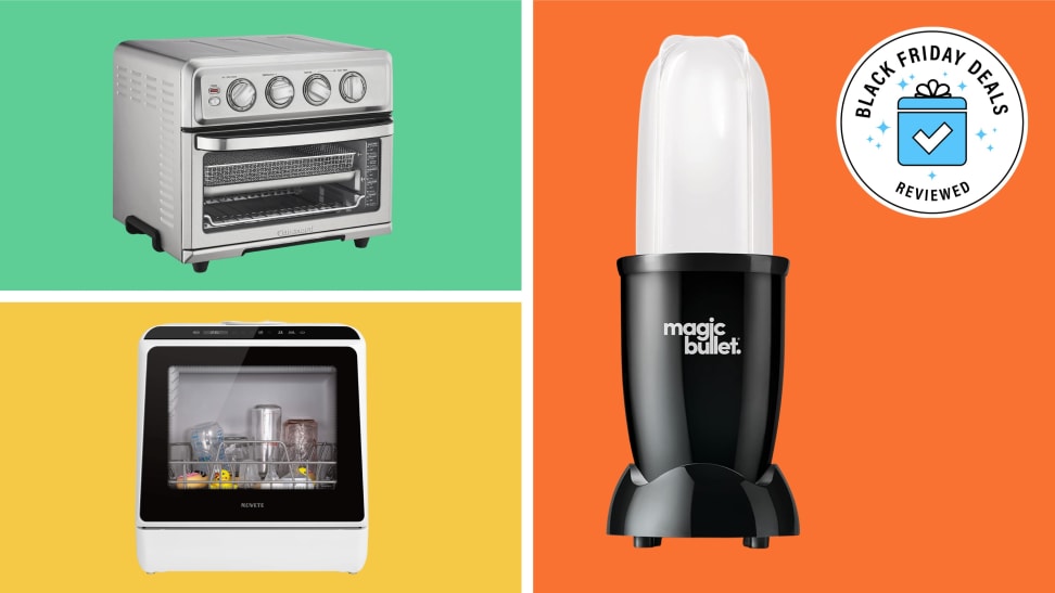 Three small appliances with the Black Friday Deals Reviewed badge in front of colored backgrounds.