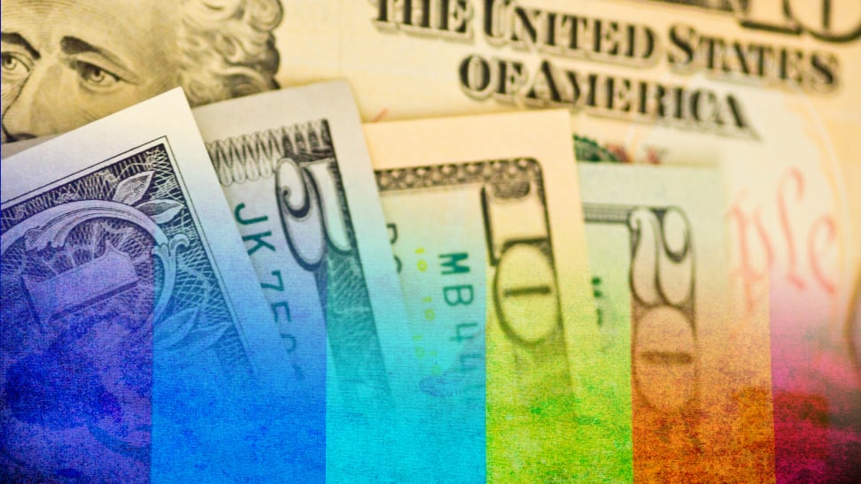 Dollar bills, a one-, five-, 10- and 20-dollar bill merged with a rainbow.