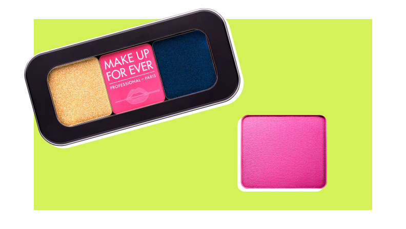 Compact of tri-color eyeshadow in shades gold, hot pink and navy.