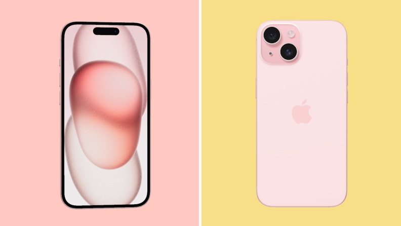 A pink iPhone 15 Plus phone on a pink and yellow background.