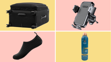 A colorful collage with sunscreen, a suitcase, water sports shoes, and a phone car holder.